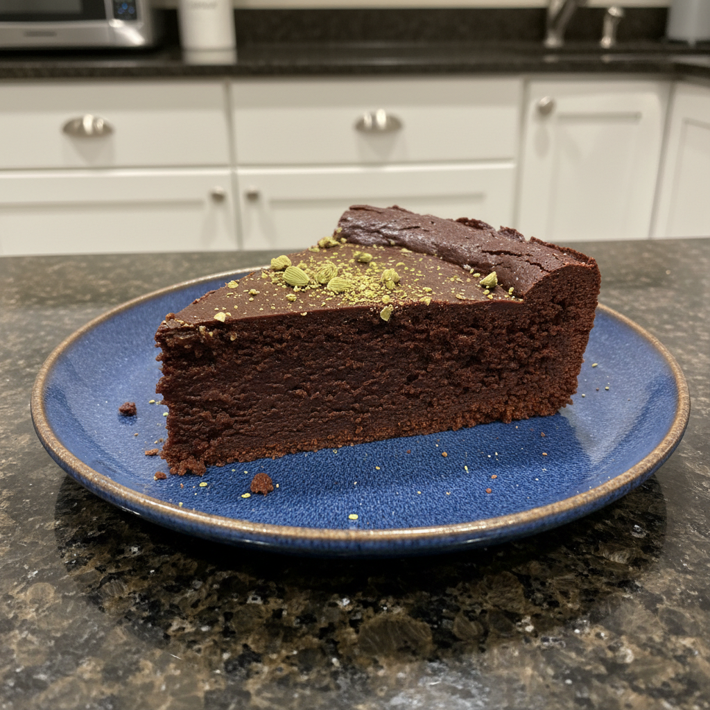A stack of fluffy pancakes topped with banana slices, almonds, chia seeds, and maple syrup, served with a glass of orange juice.