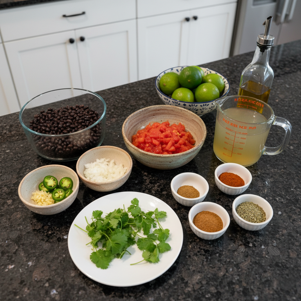 All the fresh ingredients needed to make spicy black bean soup, laid out on a wooden surface.