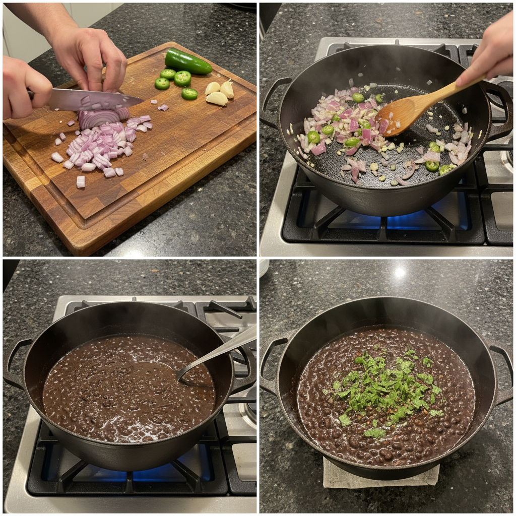 Close-up of dicing onions and peppers for the spicy black bean soup.