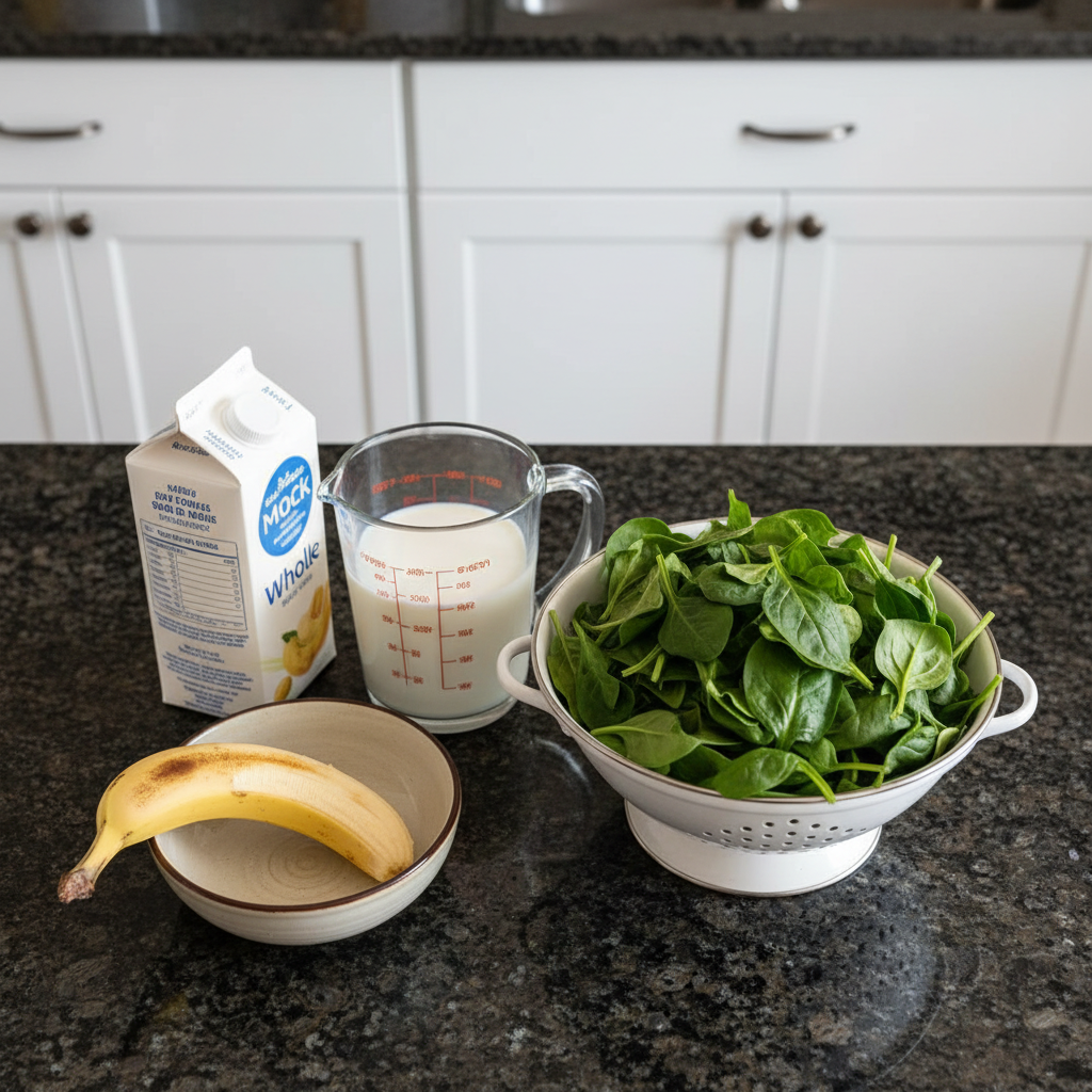 Close-up of Spinach Banana Smoothie ingredients: spinach, banana, milk, in a blender.
