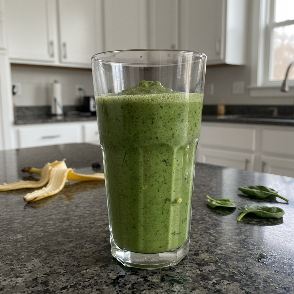 A stack of fluffy pancakes topped with banana slices, almonds, chia seeds, and maple syrup, served with a glass of orange juice.