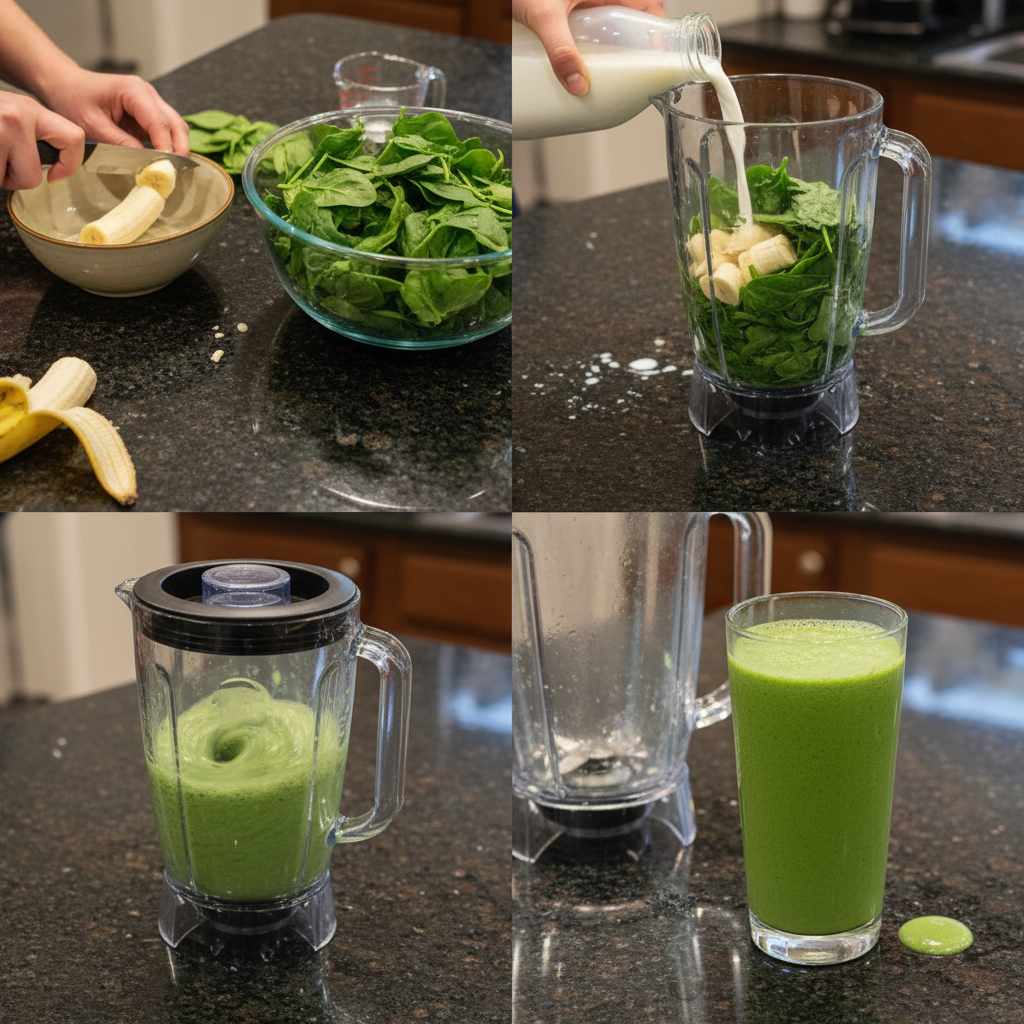 Blending a Spinach Banana Smoothie in a blender until smooth.