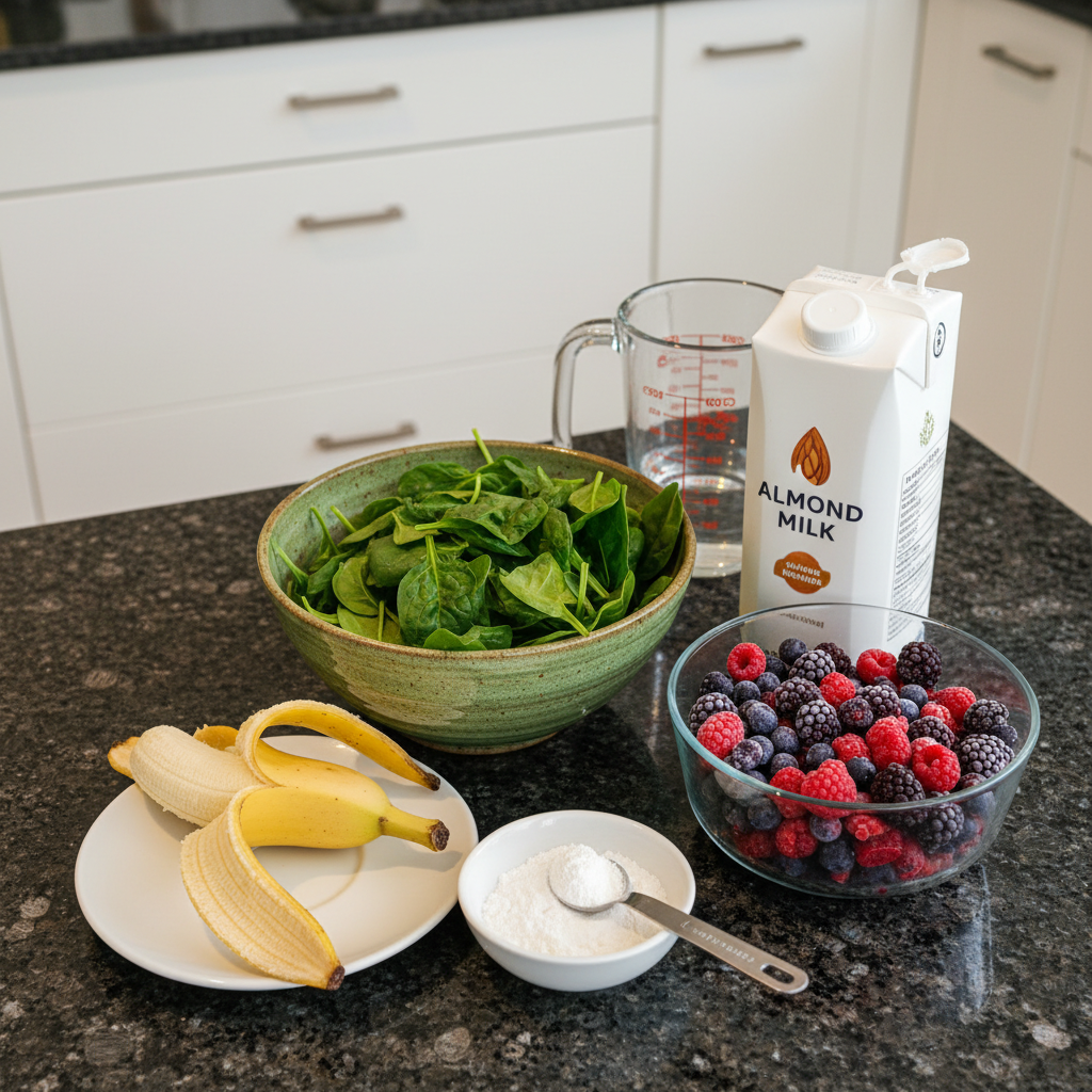 Fresh spinach, mixed berries, and yogurt for Spinach Berry Smoothie recipe.