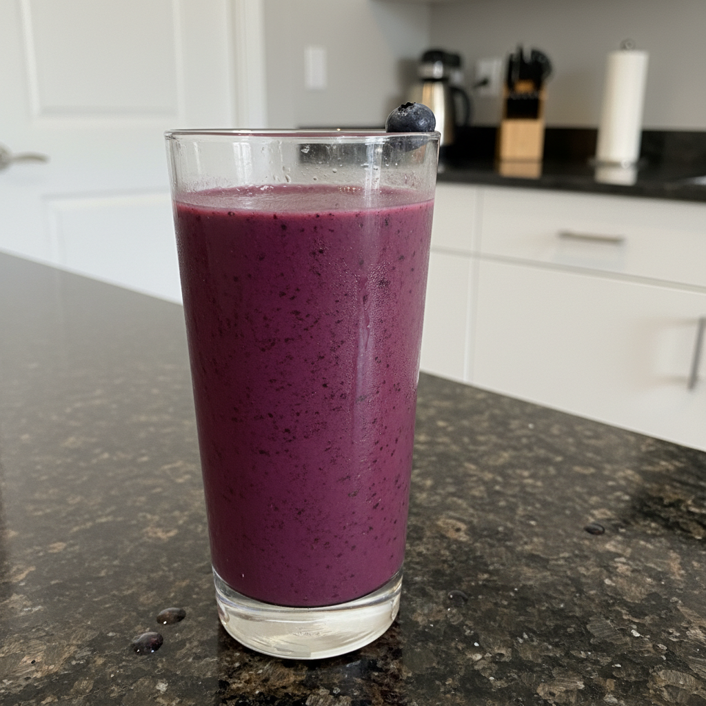A stack of fluffy pancakes topped with banana slices, almonds, chia seeds, and maple syrup, served with a glass of orange juice.