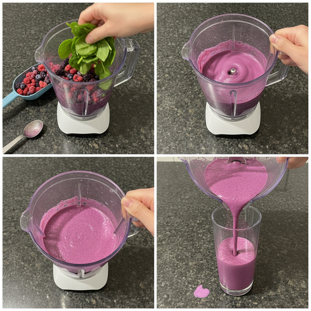 Blending Spinach Berry Smoothie in a high-speed blender.