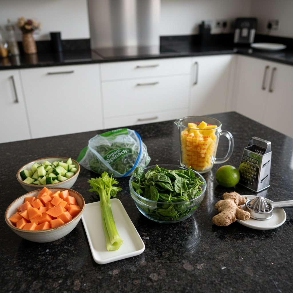 Spinach, papaya, and other smoothie ingredients displayed.