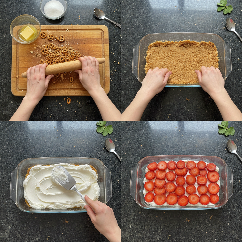 Step-by-step preparation of strawberry pretzel salad, layering ingredients in a glass dish.