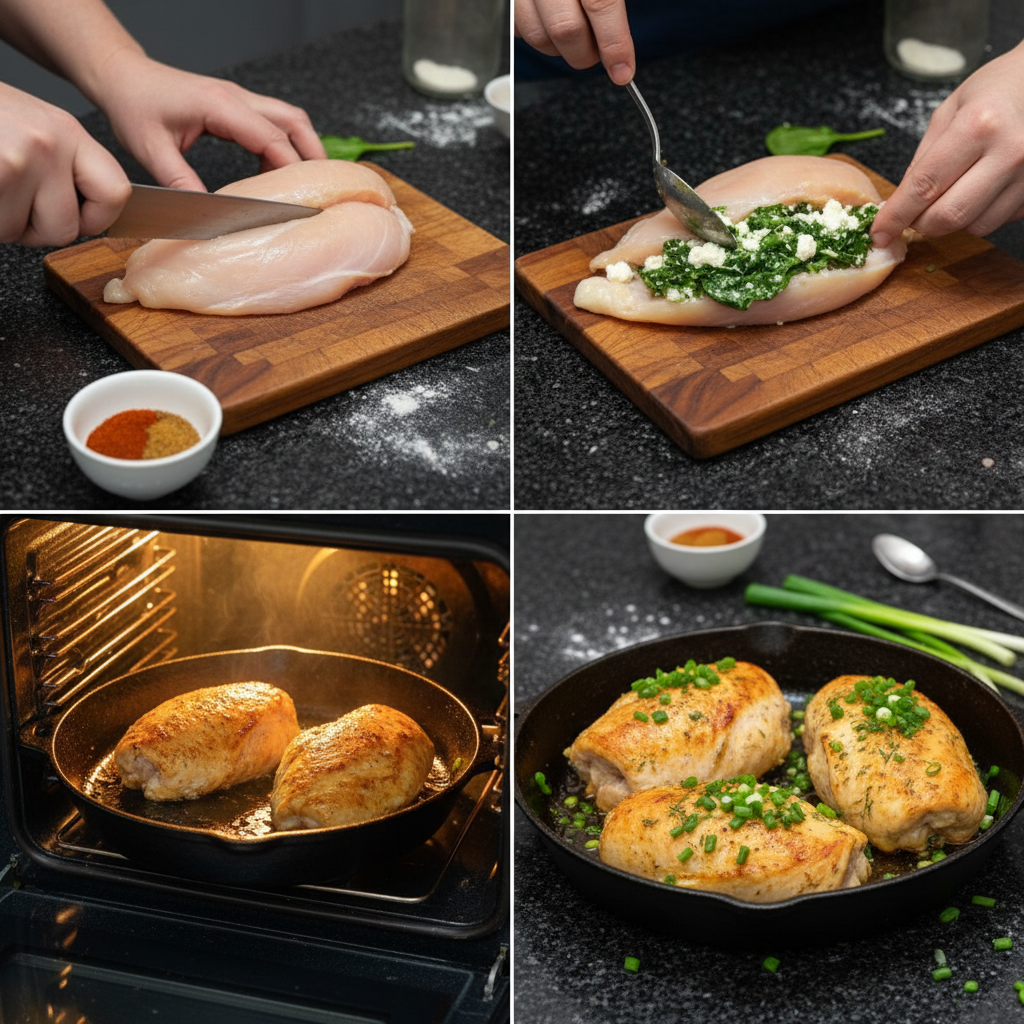 Step-by-step prep of stuffed chicken breast with spinach and feta, hands stuffing chicken.