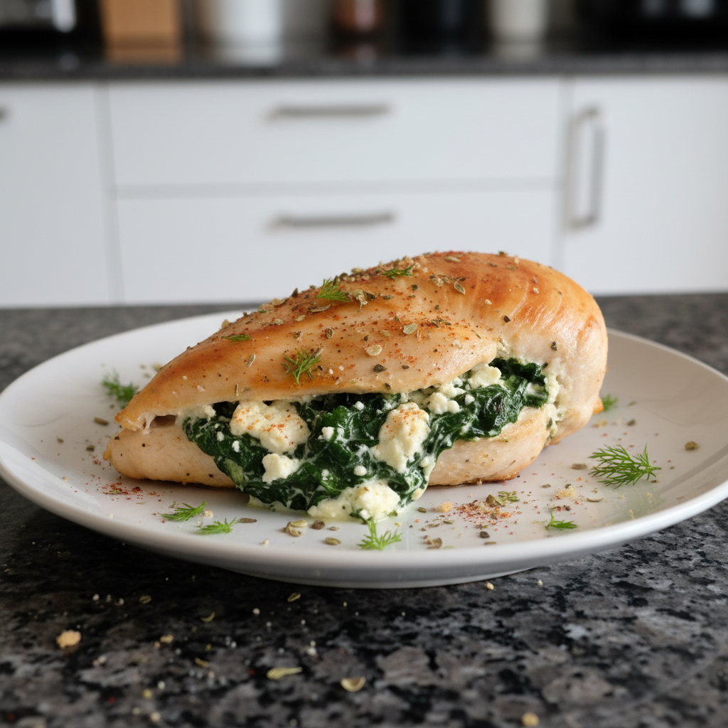 A stack of fluffy pancakes topped with banana slices, almonds, chia seeds, and maple syrup, served with a glass of orange juice.