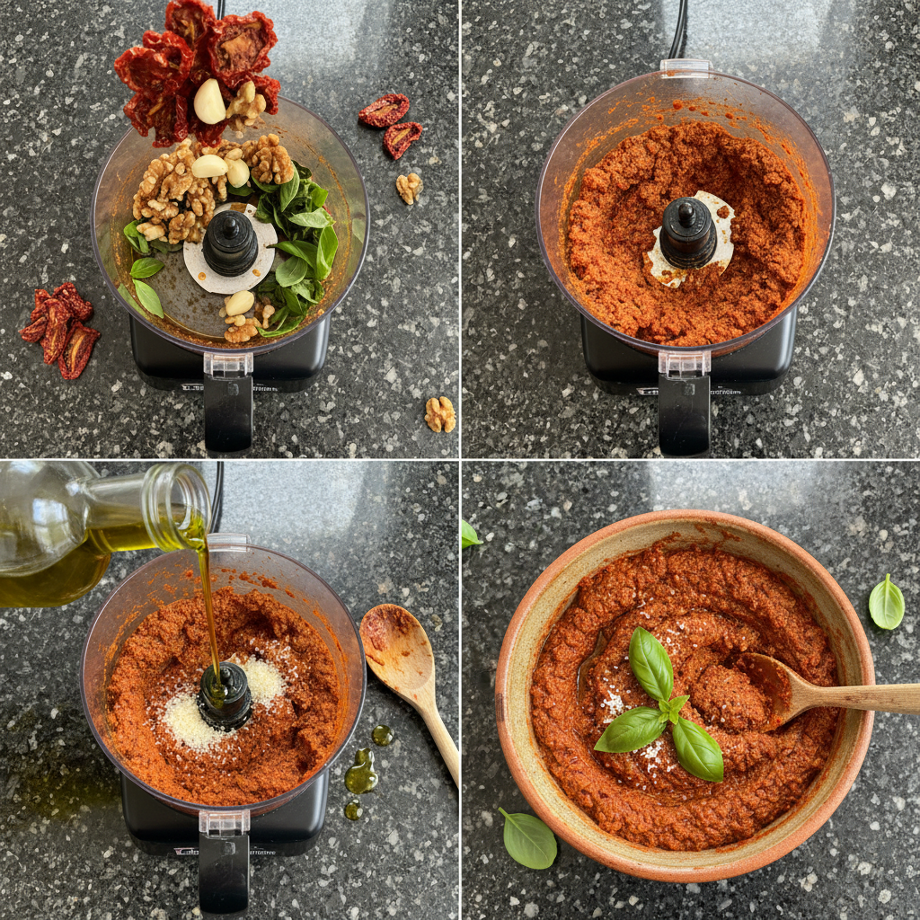 Blending sun dried tomato pesto in a food processor until smooth.
