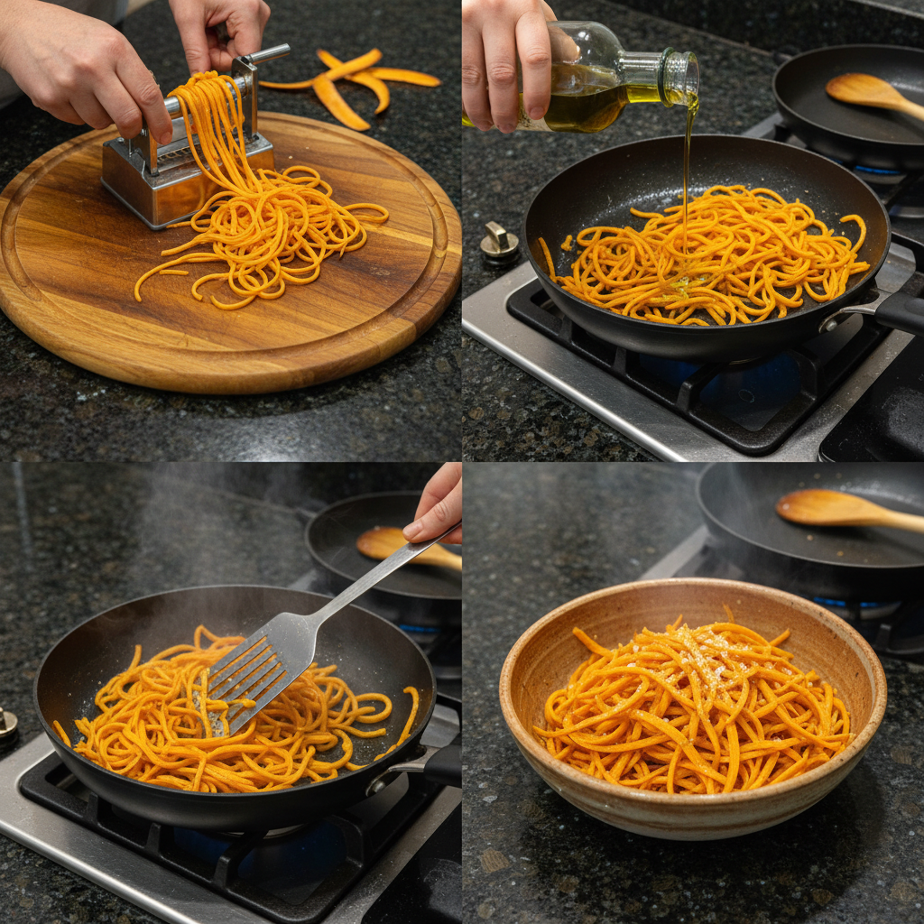 Step-by-step preparation of sweet potato noodles in a kitchen setting.