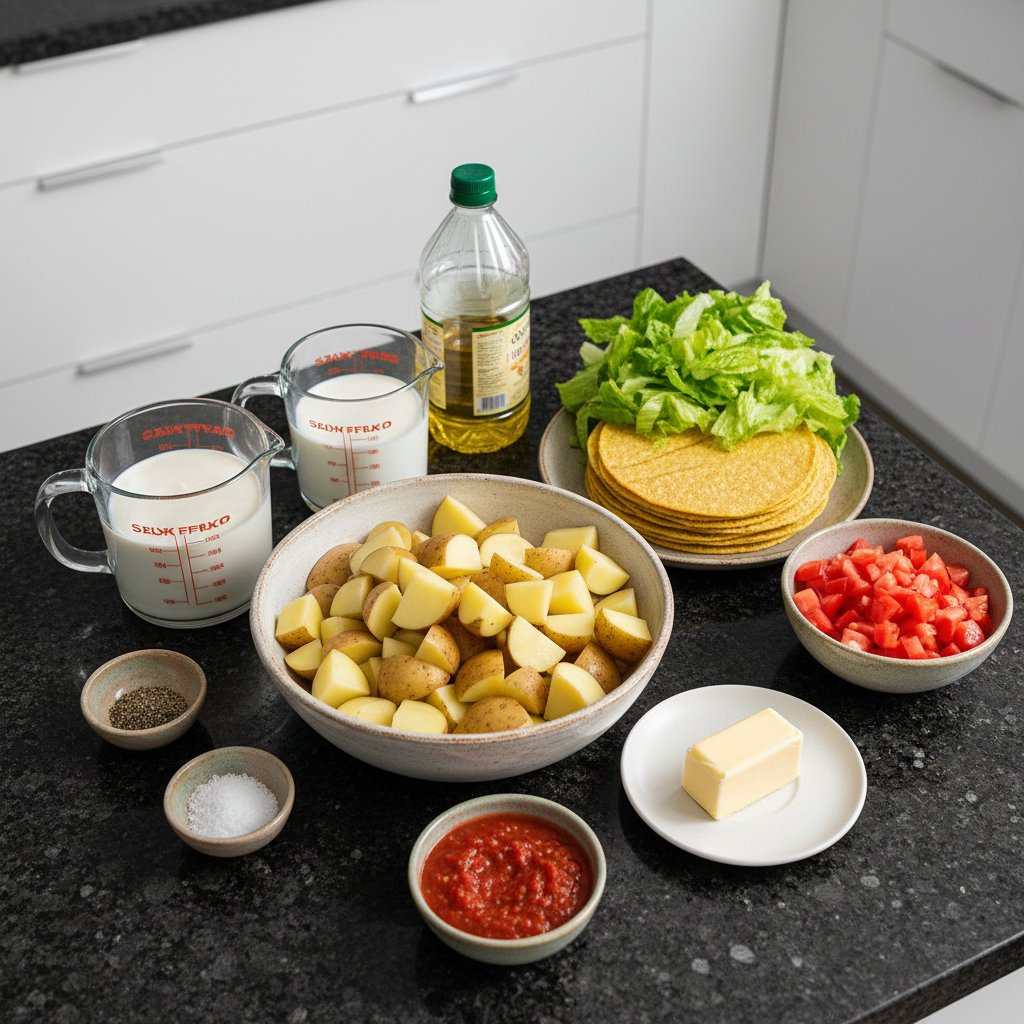 Tacos de Papa ingredients, including potatoes, spices, and tortillas.