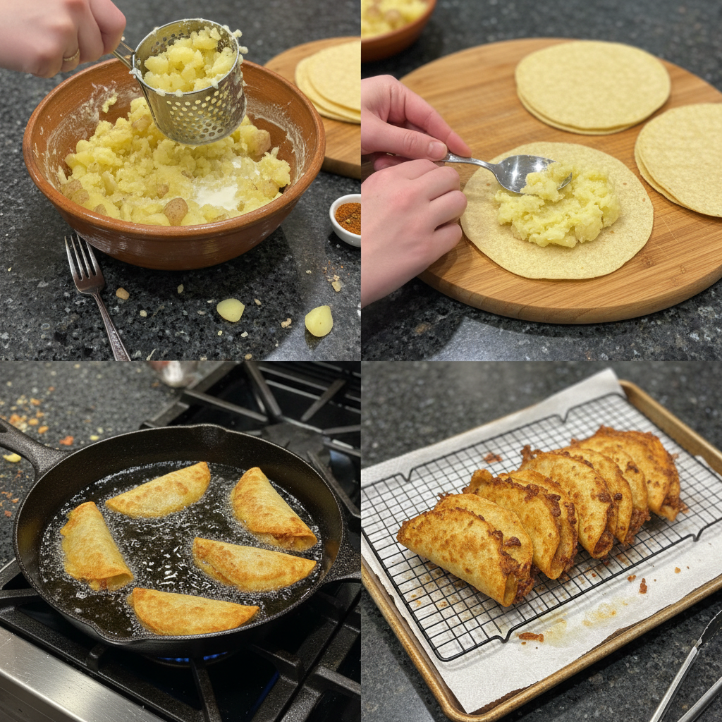 Preparing Tacos de Papa by frying in hot oil.