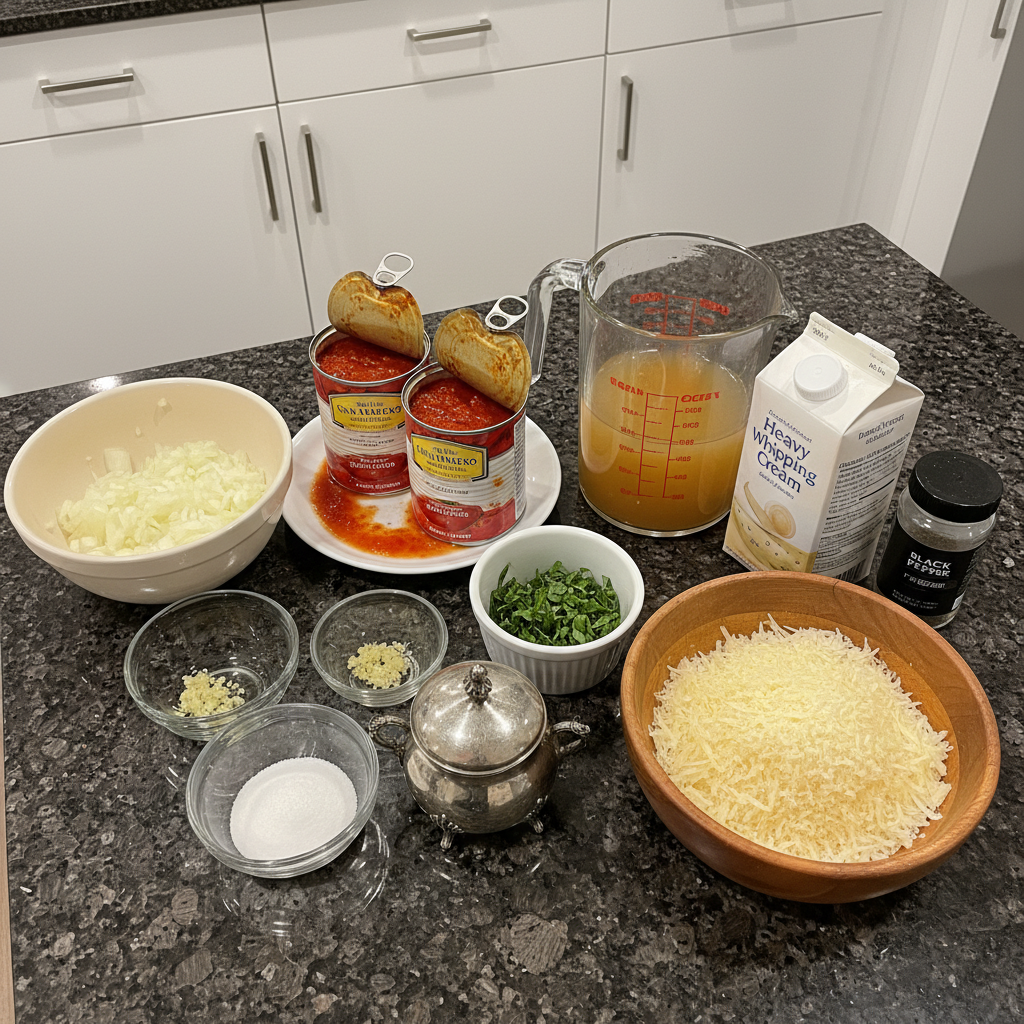 Fresh ingredients for a homemade tomato soup recipe.