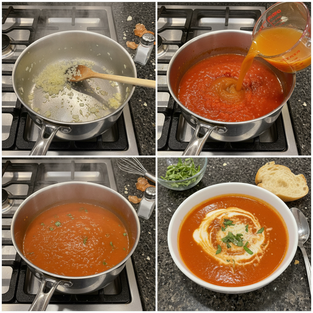 Preparing the tomato soup recipe by blending.