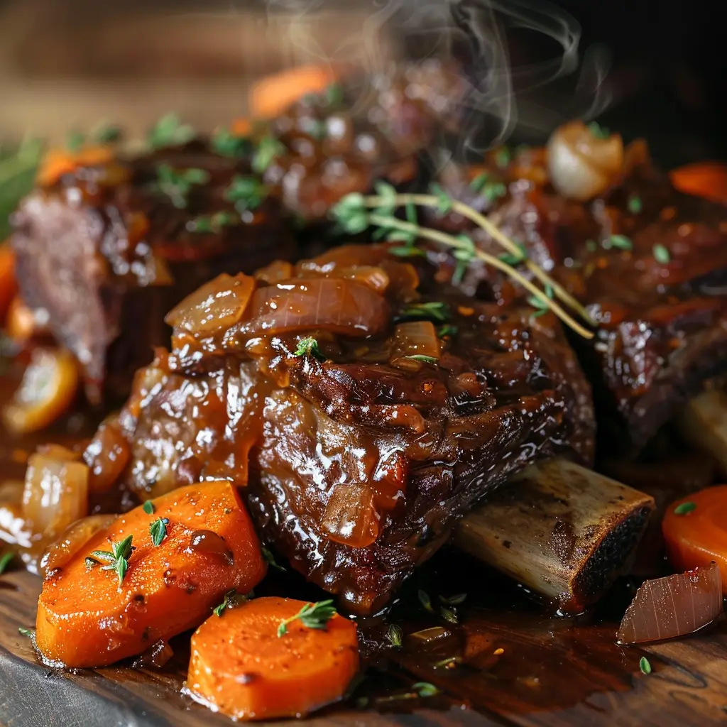 Slow cooker beef short ribs braised in rich gravy with carrots and herbs