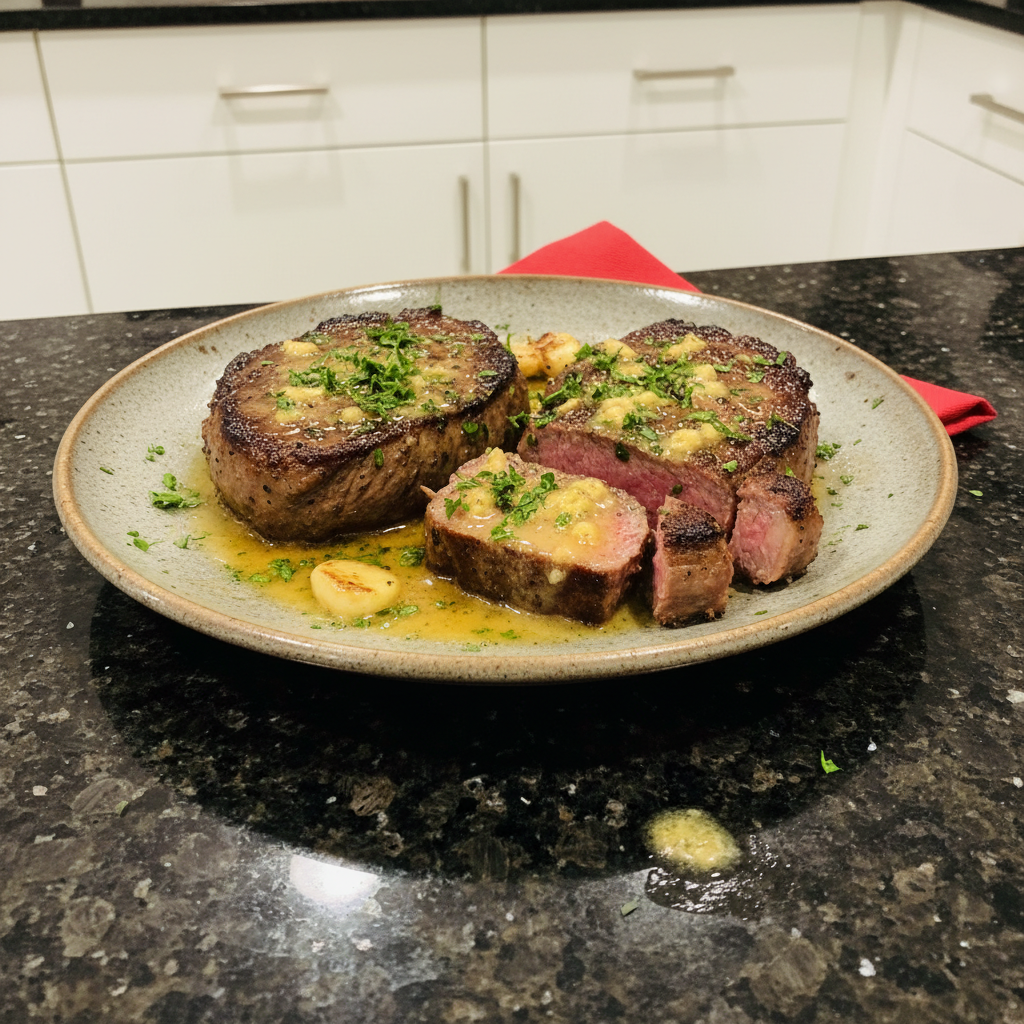 A stack of fluffy pancakes topped with banana slices, almonds, chia seeds, and maple syrup, served with a glass of orange juice.