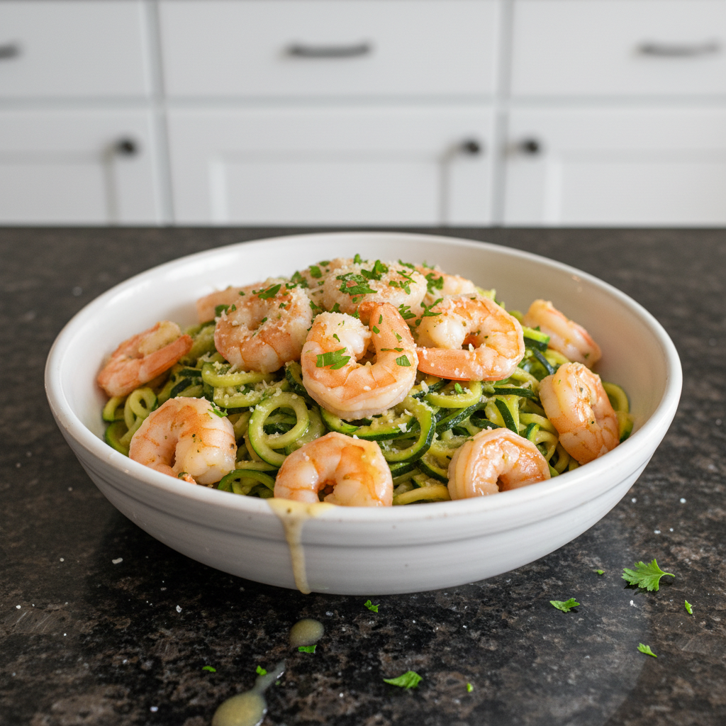 A stack of fluffy pancakes topped with banana slices, almonds, chia seeds, and maple syrup, served with a glass of orange juice.