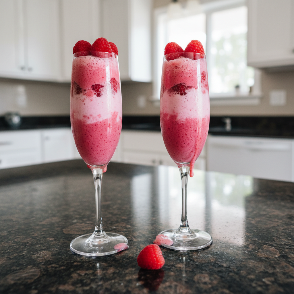 A stack of fluffy pancakes topped with banana slices, almonds, chia seeds, and maple syrup, served with a glass of orange juice.