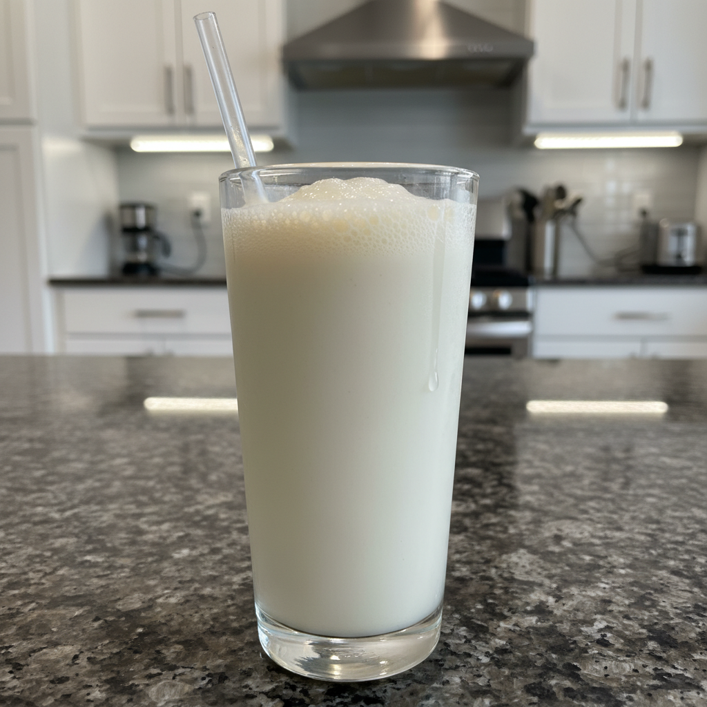 A stack of fluffy pancakes topped with banana slices, almonds, chia seeds, and maple syrup, served with a glass of orange juice.