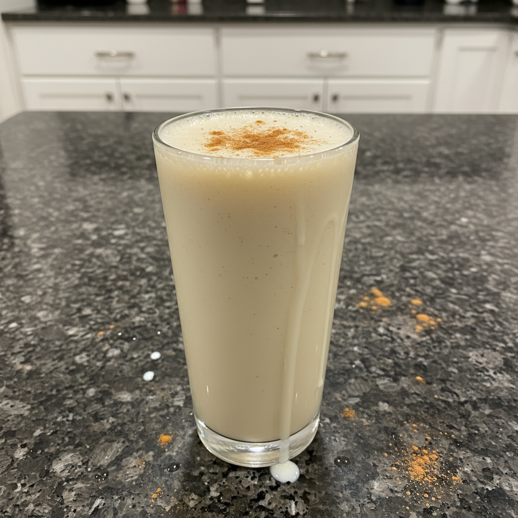A stack of fluffy pancakes topped with banana slices, almonds, chia seeds, and maple syrup, served with a glass of orange juice.