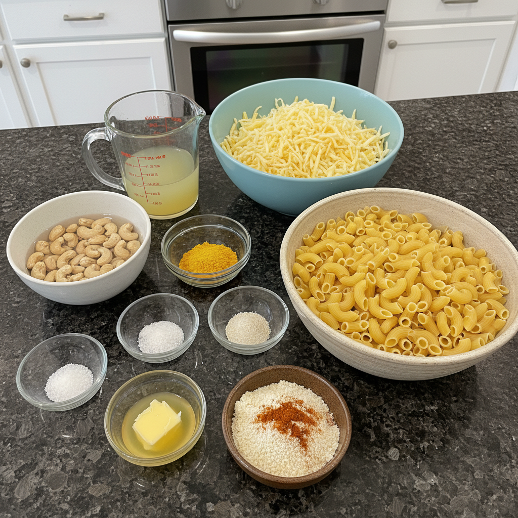 Vegan mac and cheese ingredients: cashews, potatoes, spices