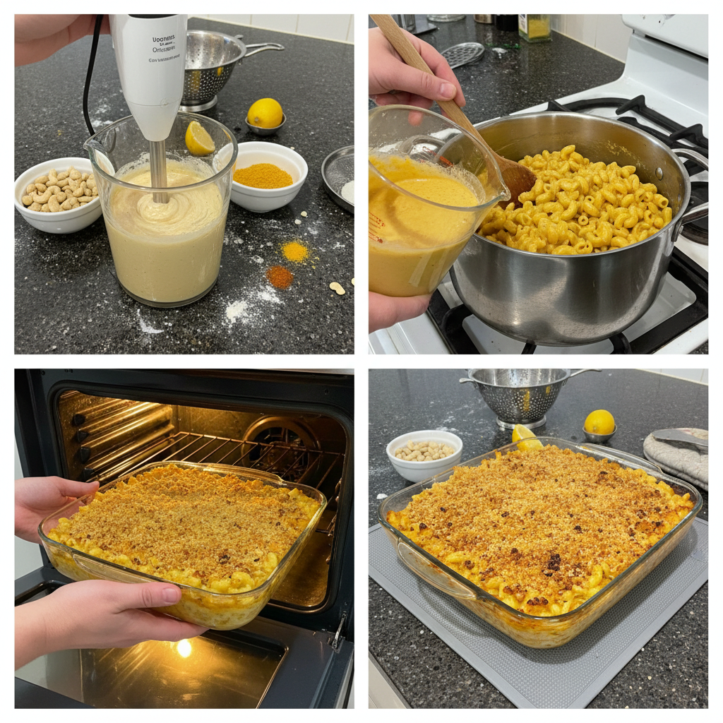 Preparing vegan mac and cheese: blending creamy sauce