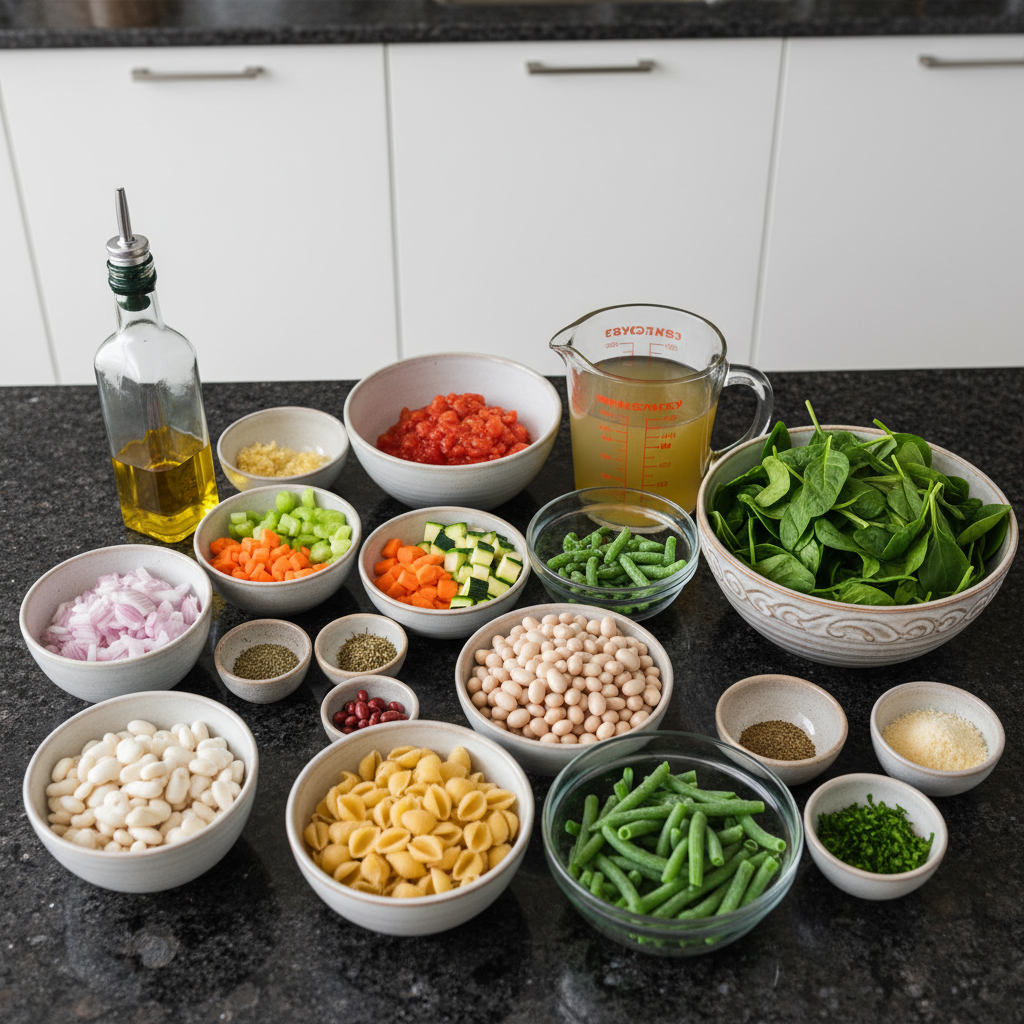 Fresh vegetables and herbs for making Vegan Minestrone Soup recipe.