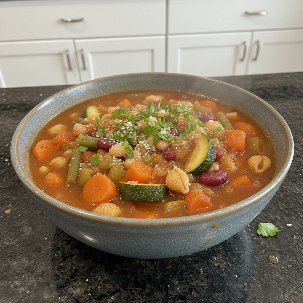 A stack of fluffy pancakes topped with banana slices, almonds, chia seeds, and maple syrup, served with a glass of orange juice.