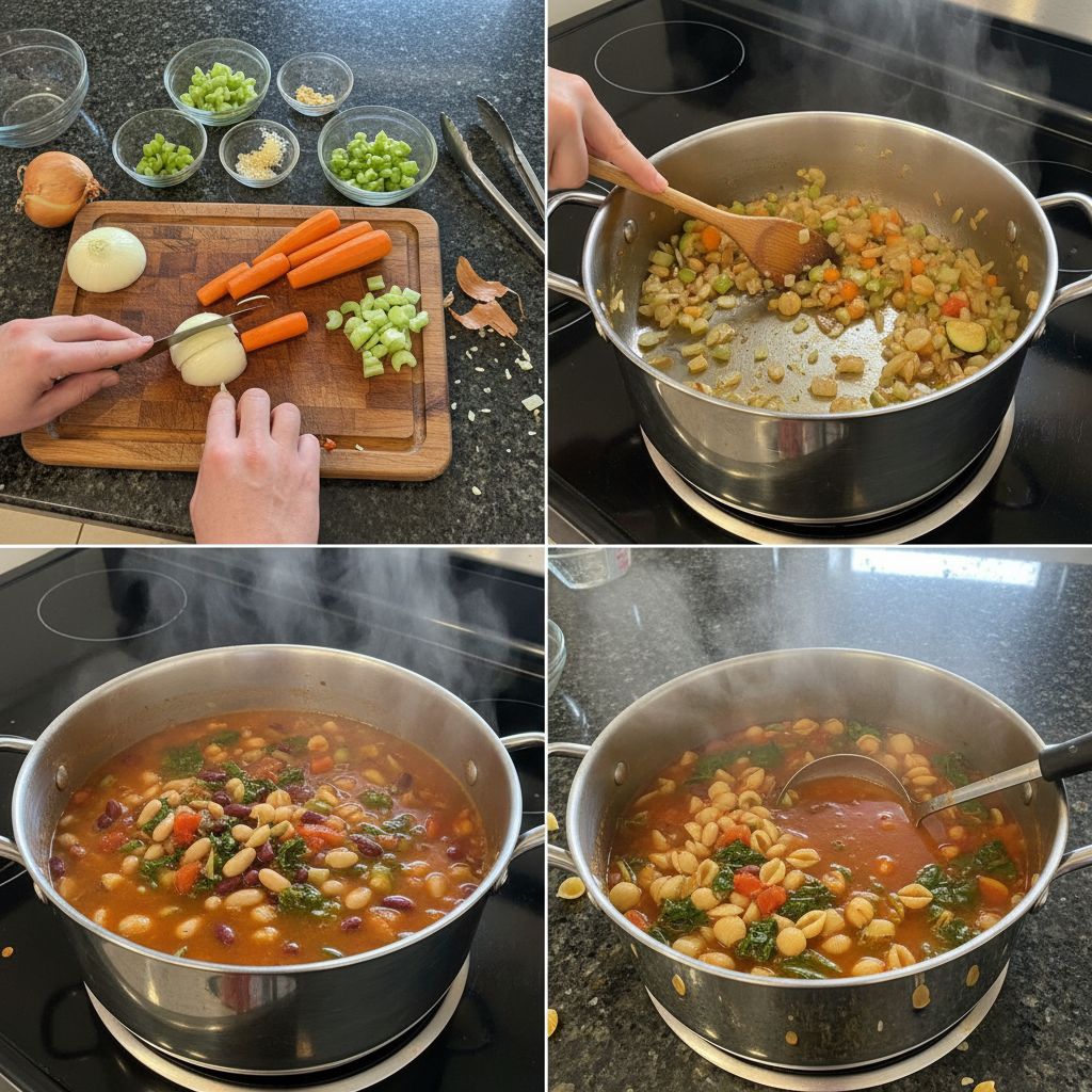 Step-by-step instructions for preparing Vegan Minestrone Soup.