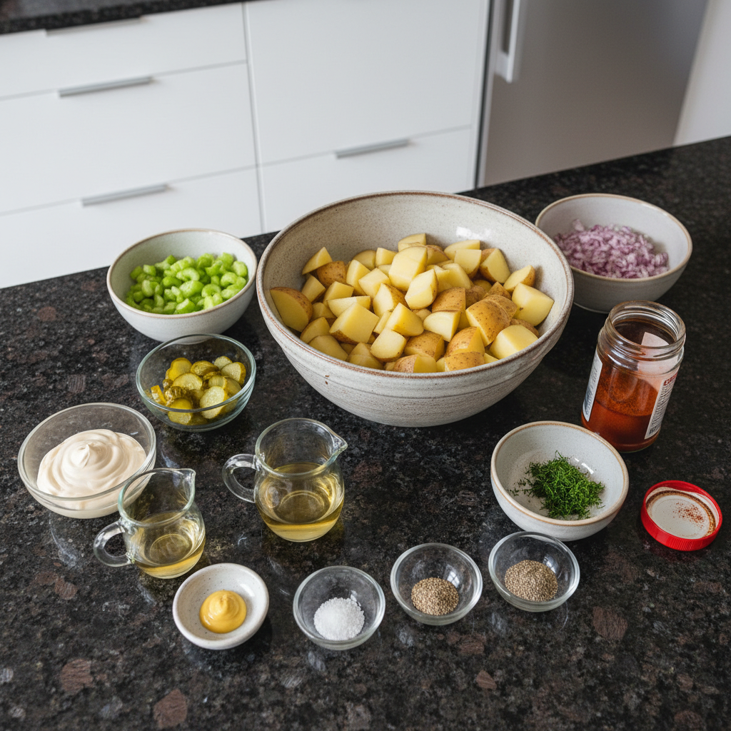 Vegan Potato Salad ingredients like potatoes, celery, vegan mayo, and spices laid out.