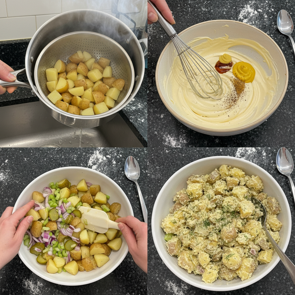 Preparing vegan potato salad: mixing potatoes, celery, and vegan mayonnaise.