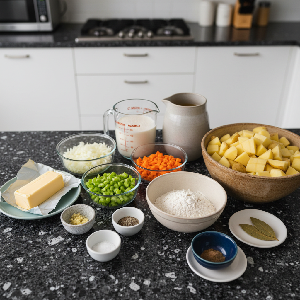 Assortment of fresh ingredients for making vegan potato soup.