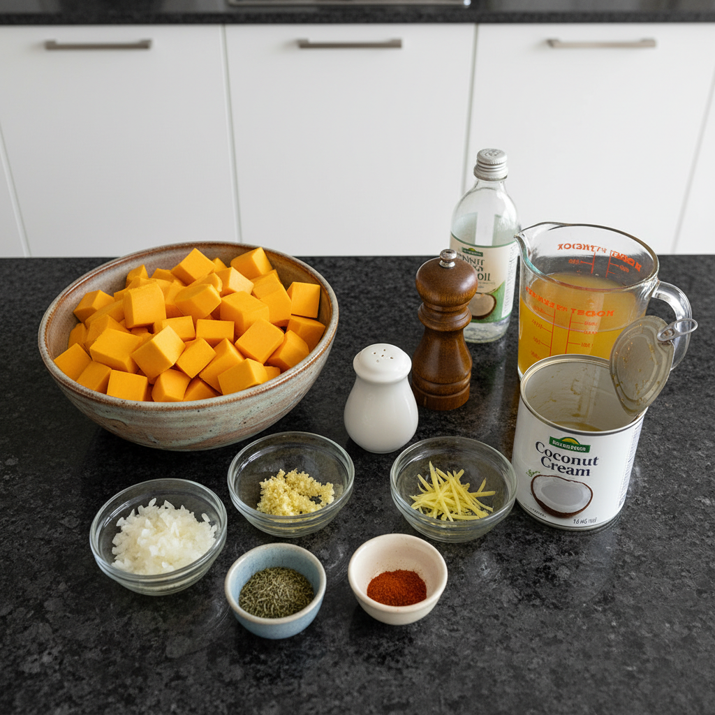 Fresh ingredients for vegan pumpkin soup recipe: pumpkin, coconut milk, spices.