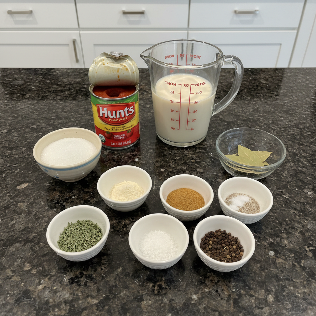 Fresh ingredients for vegan tomato soup: tomatoes, basil, onion, garlic.