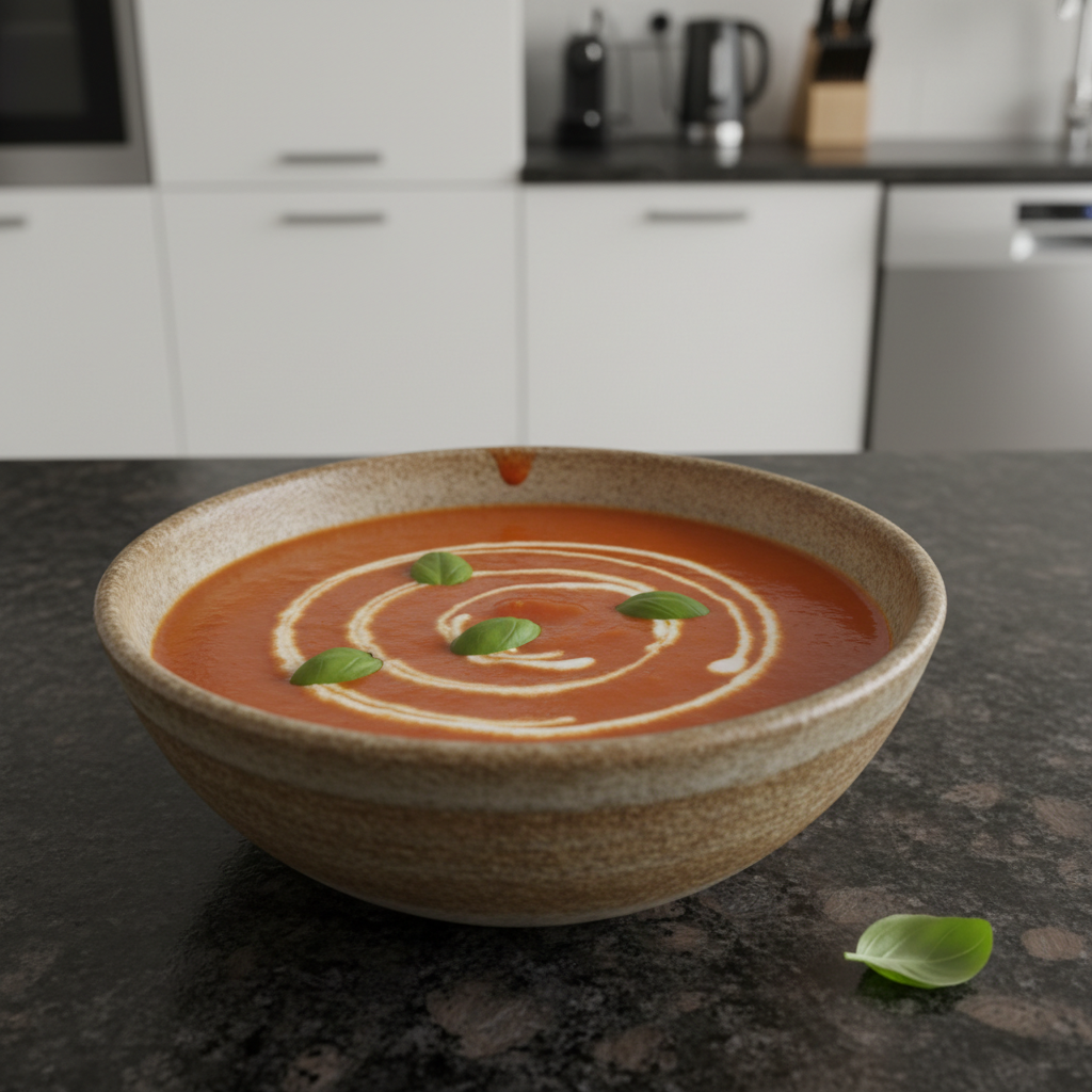 A stack of fluffy pancakes topped with banana slices, almonds, chia seeds, and maple syrup, served with a glass of orange juice.