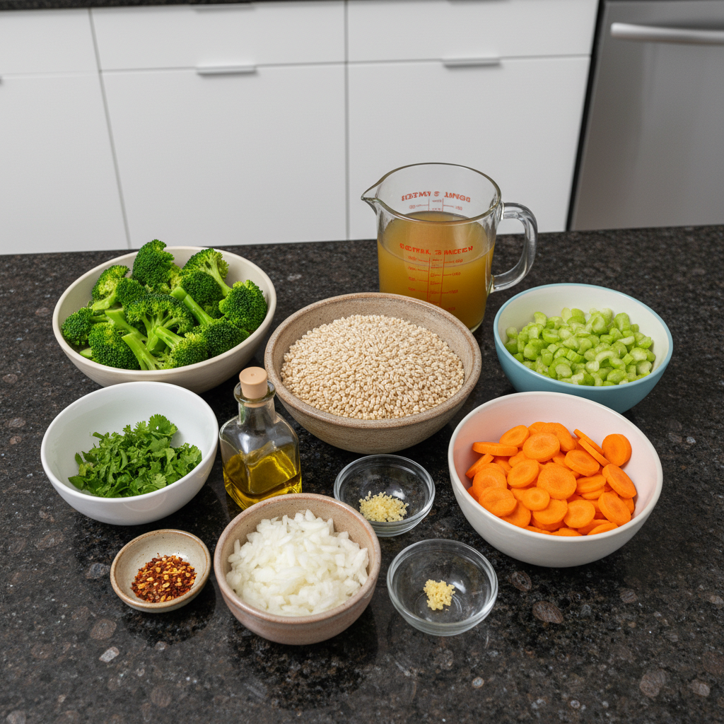 Fresh ingredients for making vegetable barley soup, laid out on a wooden surface.
