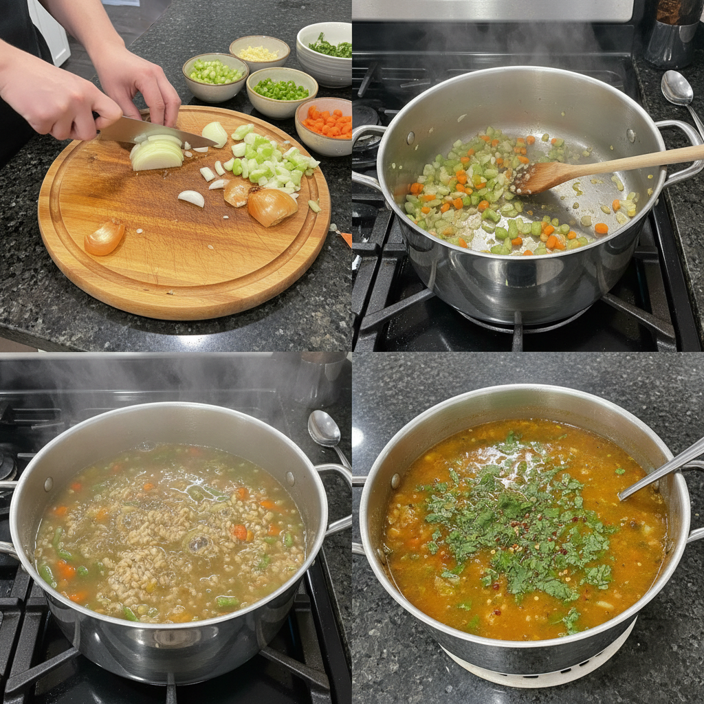 Step-by-step preparation of the vegetable barley soup in a pot.