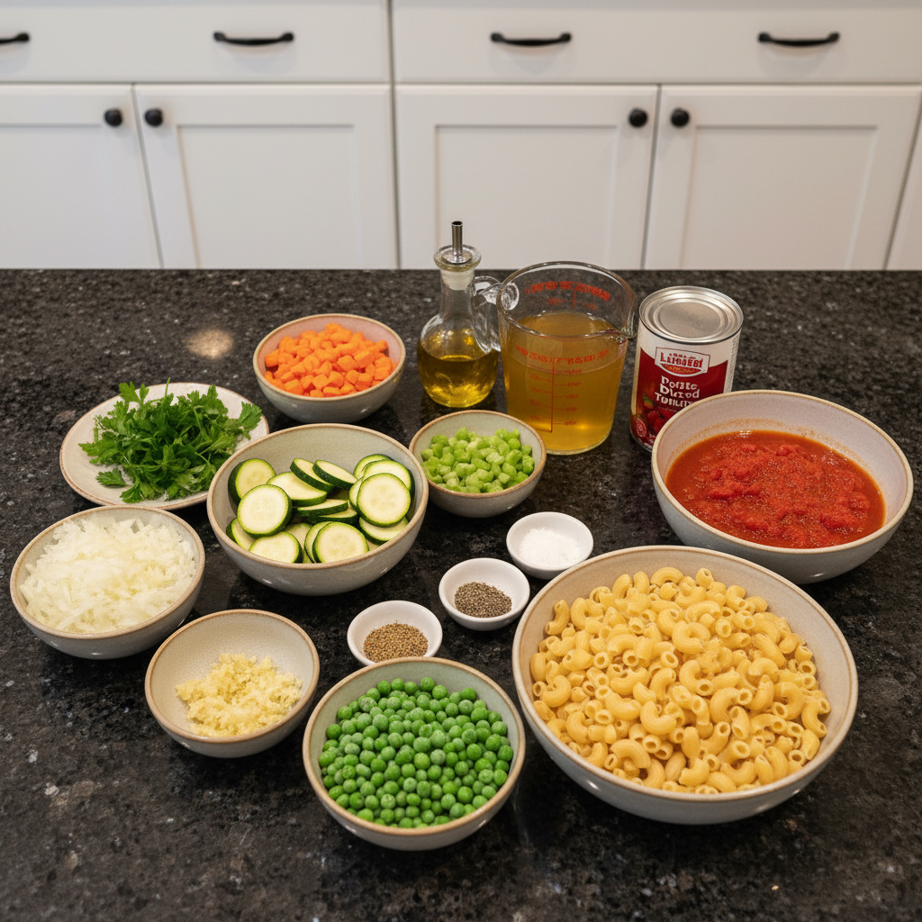 Fresh ingredients for homemade vegetable noodle soup recipe.