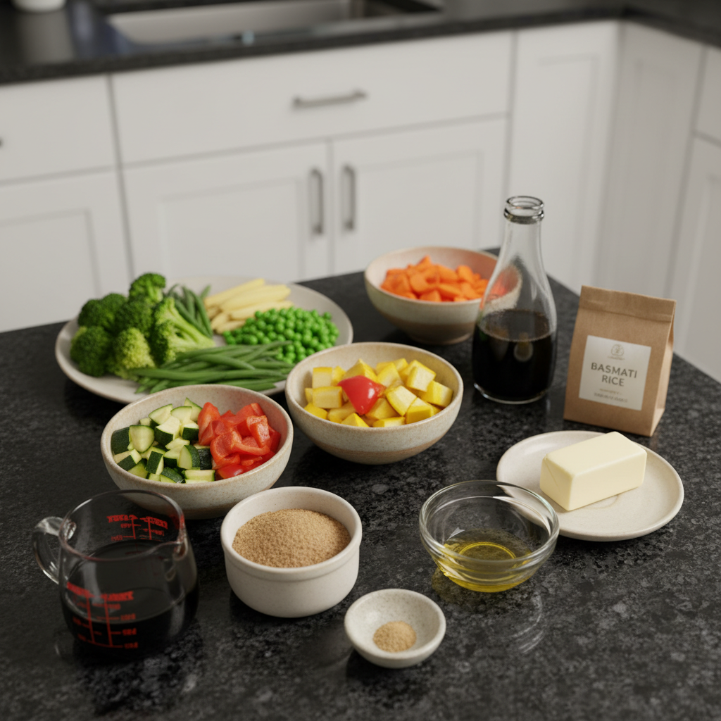 Fresh ingredients for vegetable teriyaki bowl recipe, ready to be prepped.