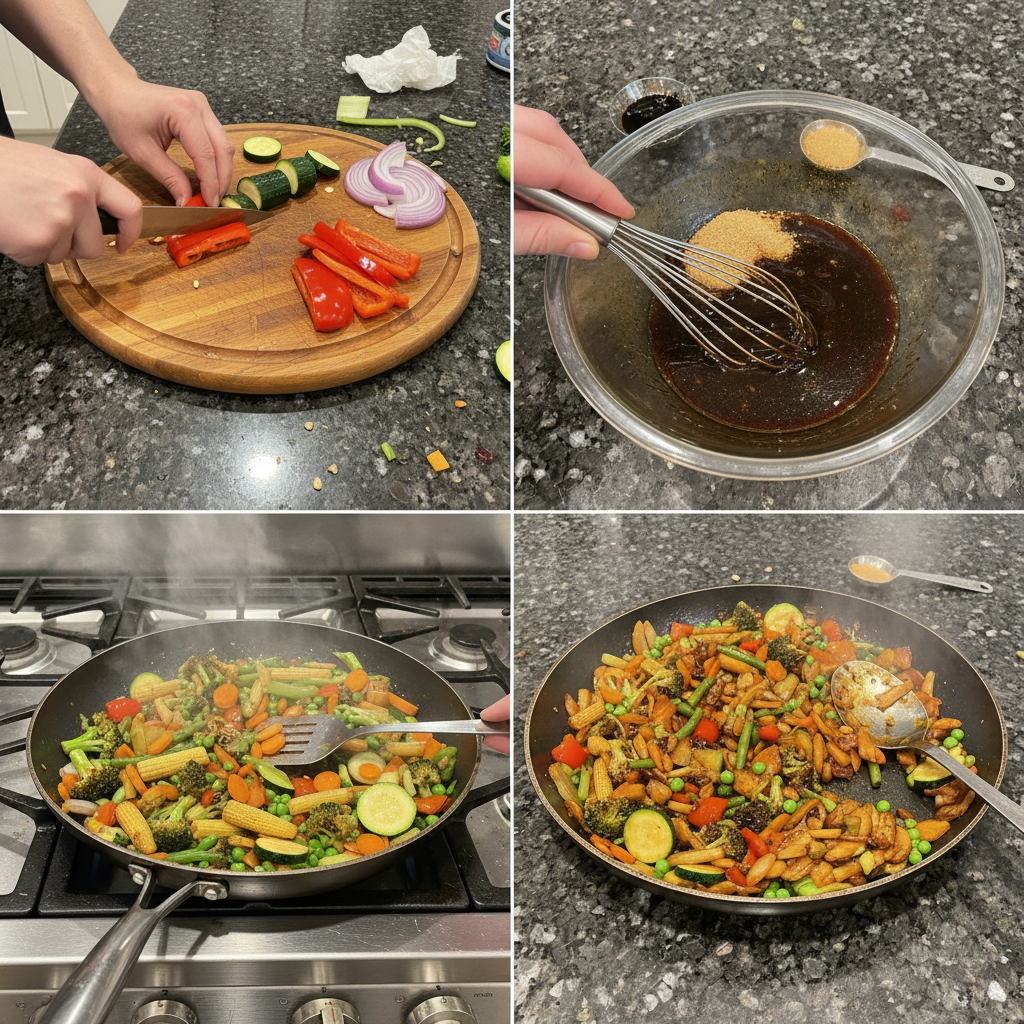 Preparing vegetable teriyaki bowl, showing vegetables being stir-fried.