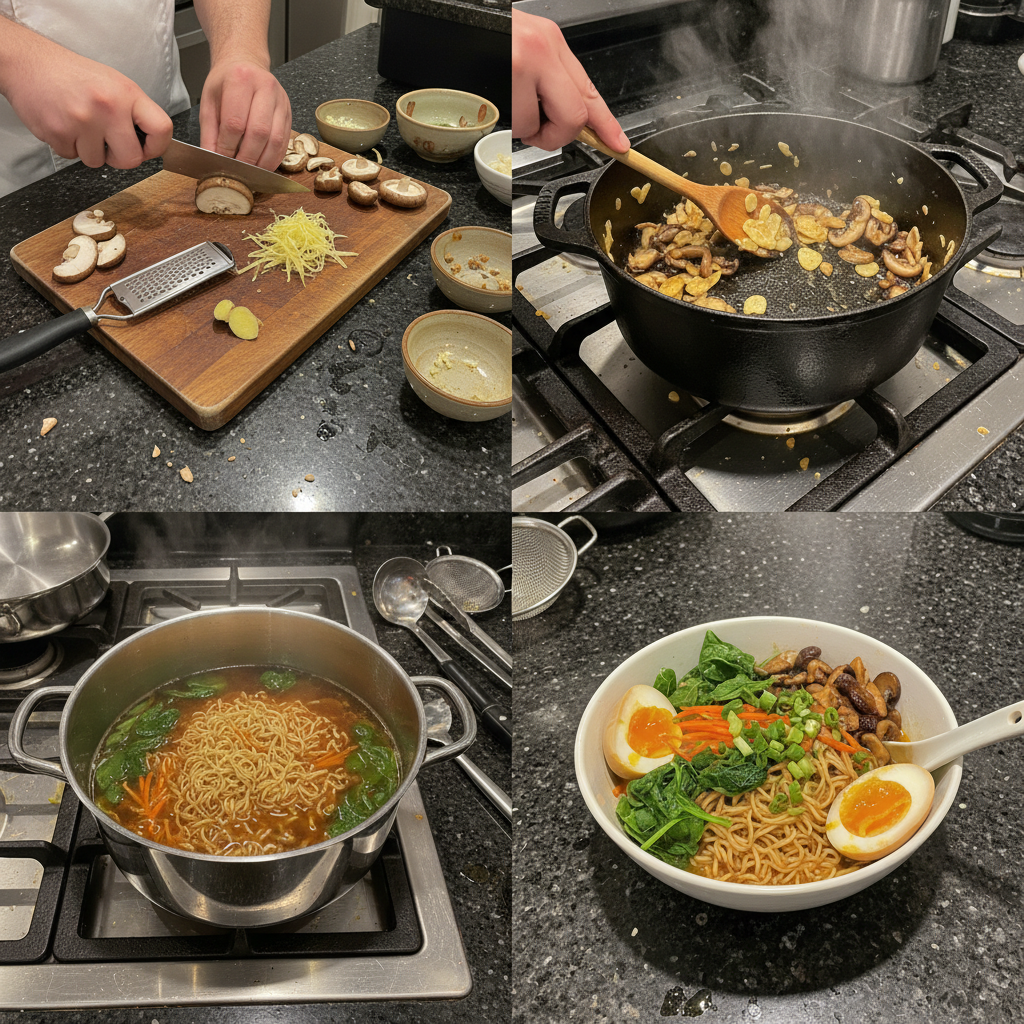 Step-by-step preparation of homemade vegetarian ramen.