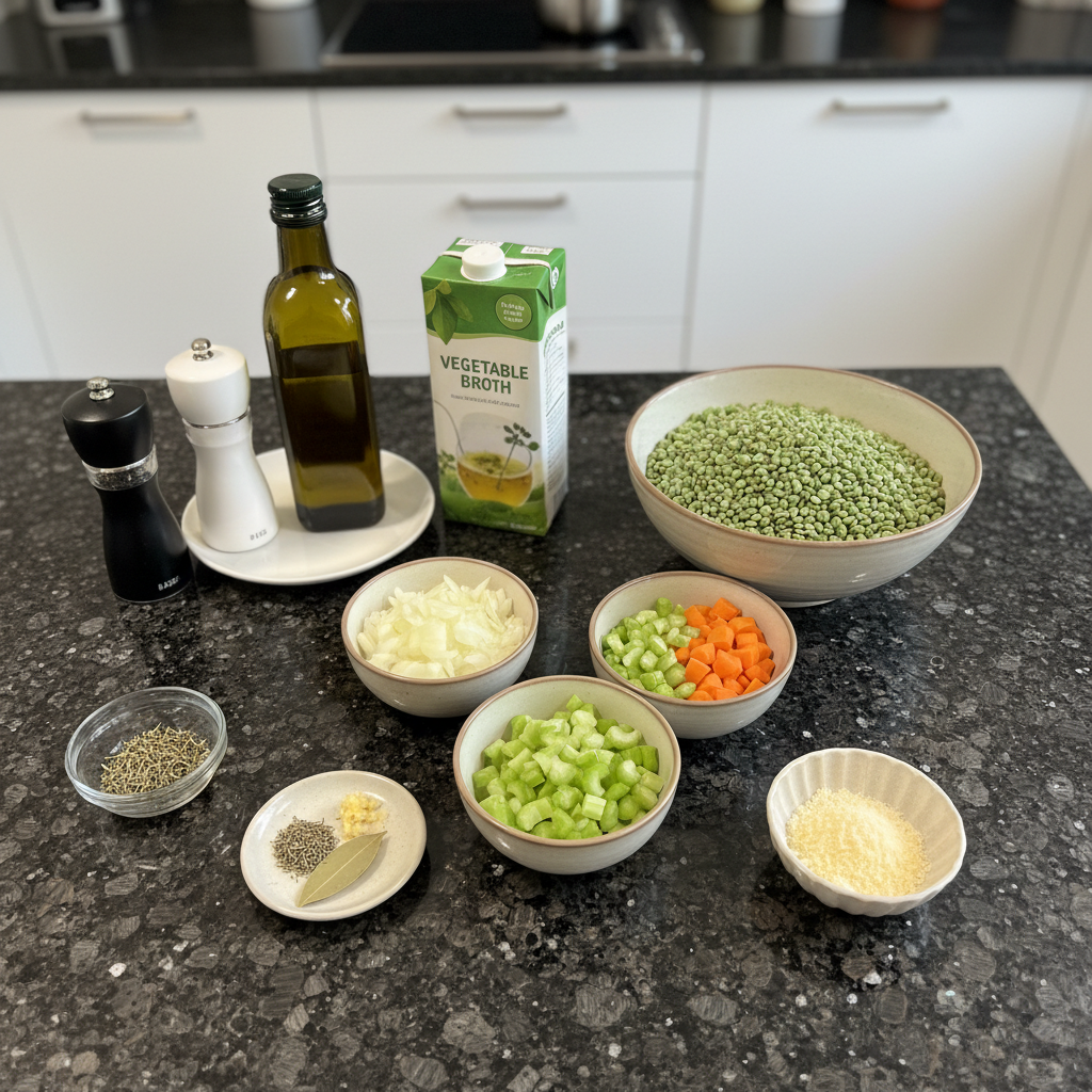 Display of fresh ingredients for making flavorful split pea soup.