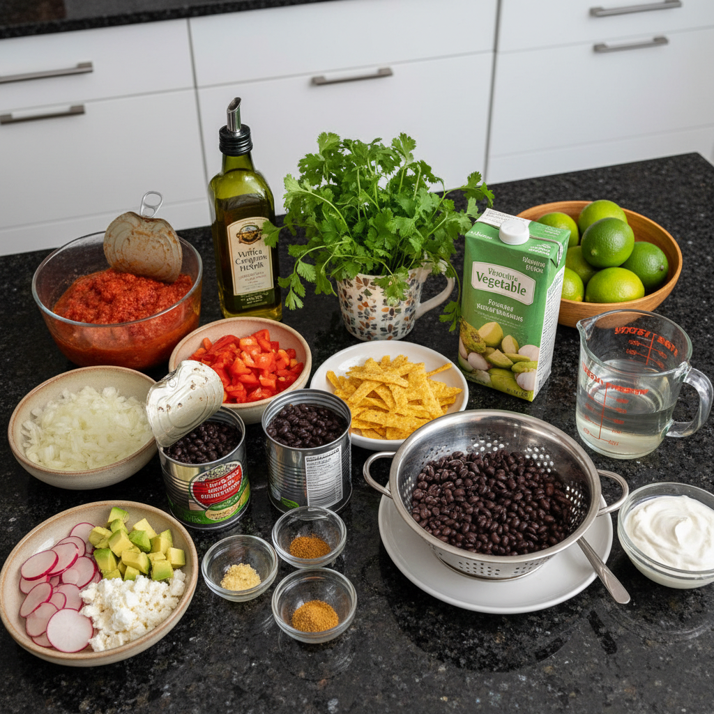 Display of fresh ingredients for making flavorful vegetarian tortilla soup.