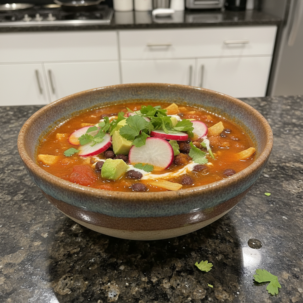 A stack of fluffy pancakes topped with banana slices, almonds, chia seeds, and maple syrup, served with a glass of orange juice.