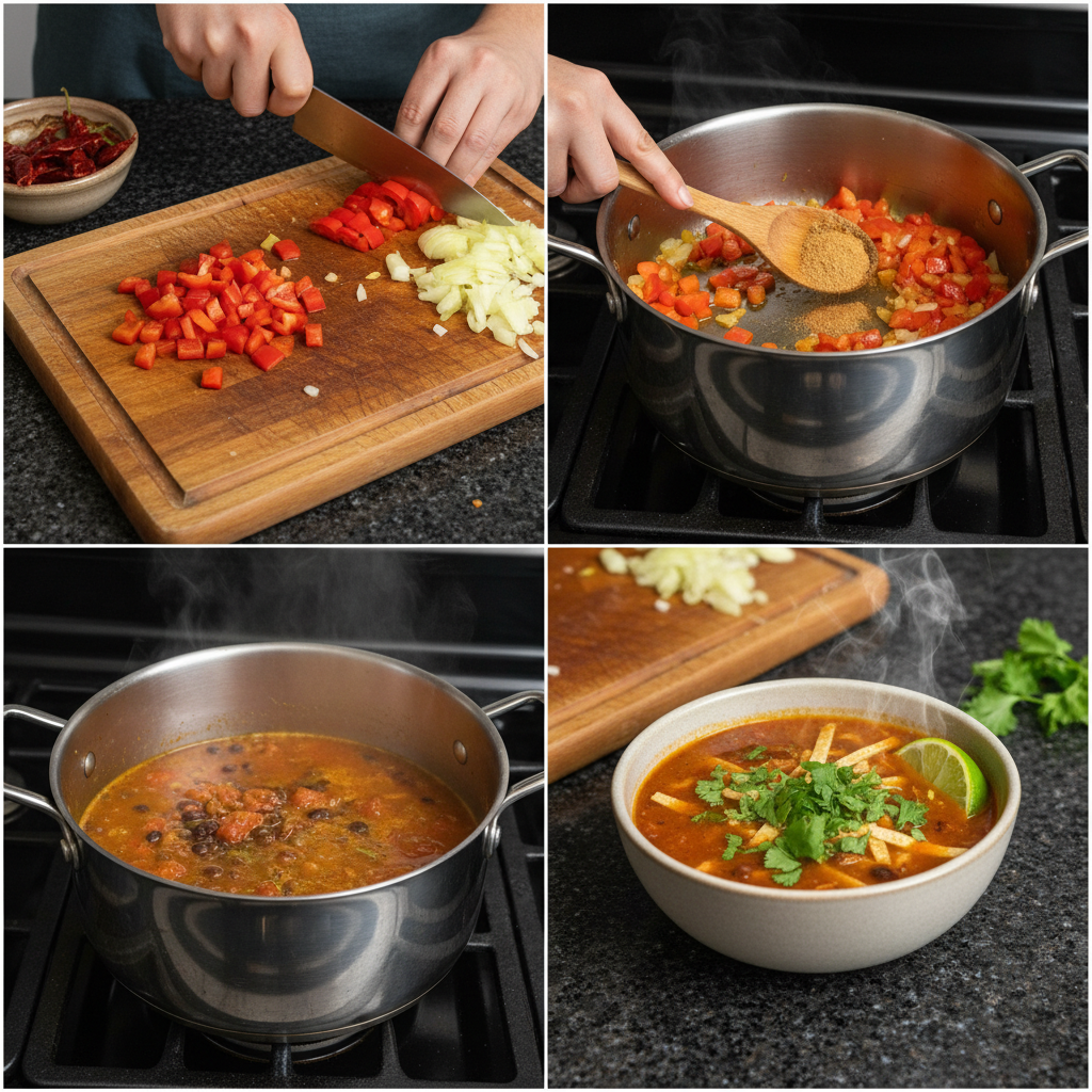 Step-by-step preparation of vegetarian tortilla soup in a pot.