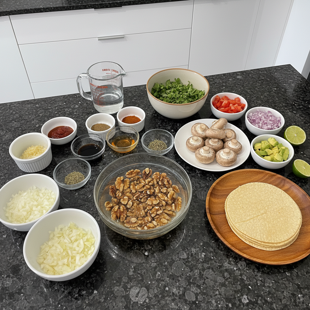 Close-up of raw walnuts and spices used to make walnut taco meat.