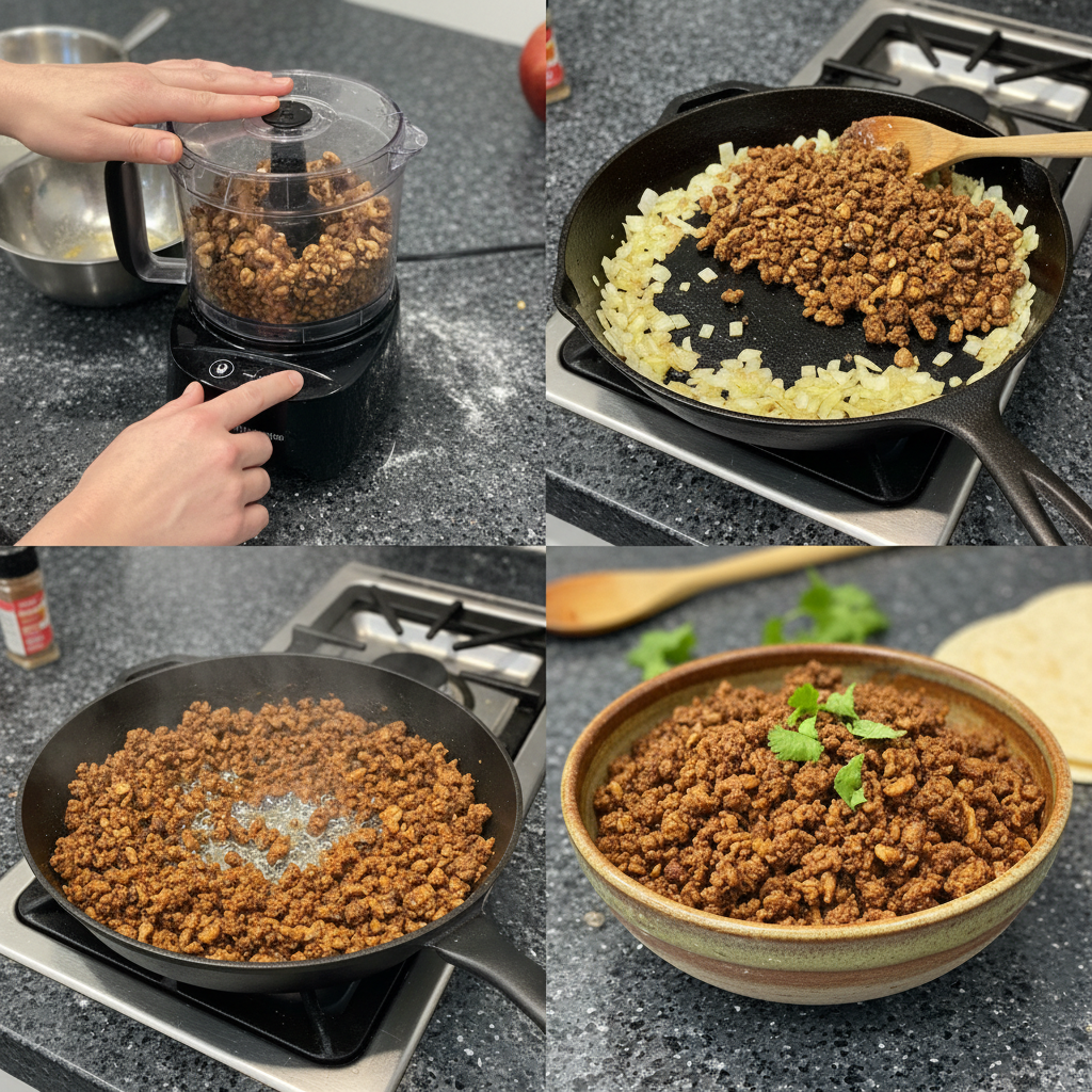 Walnut taco meat being cooked in a skillet on the stovetop.