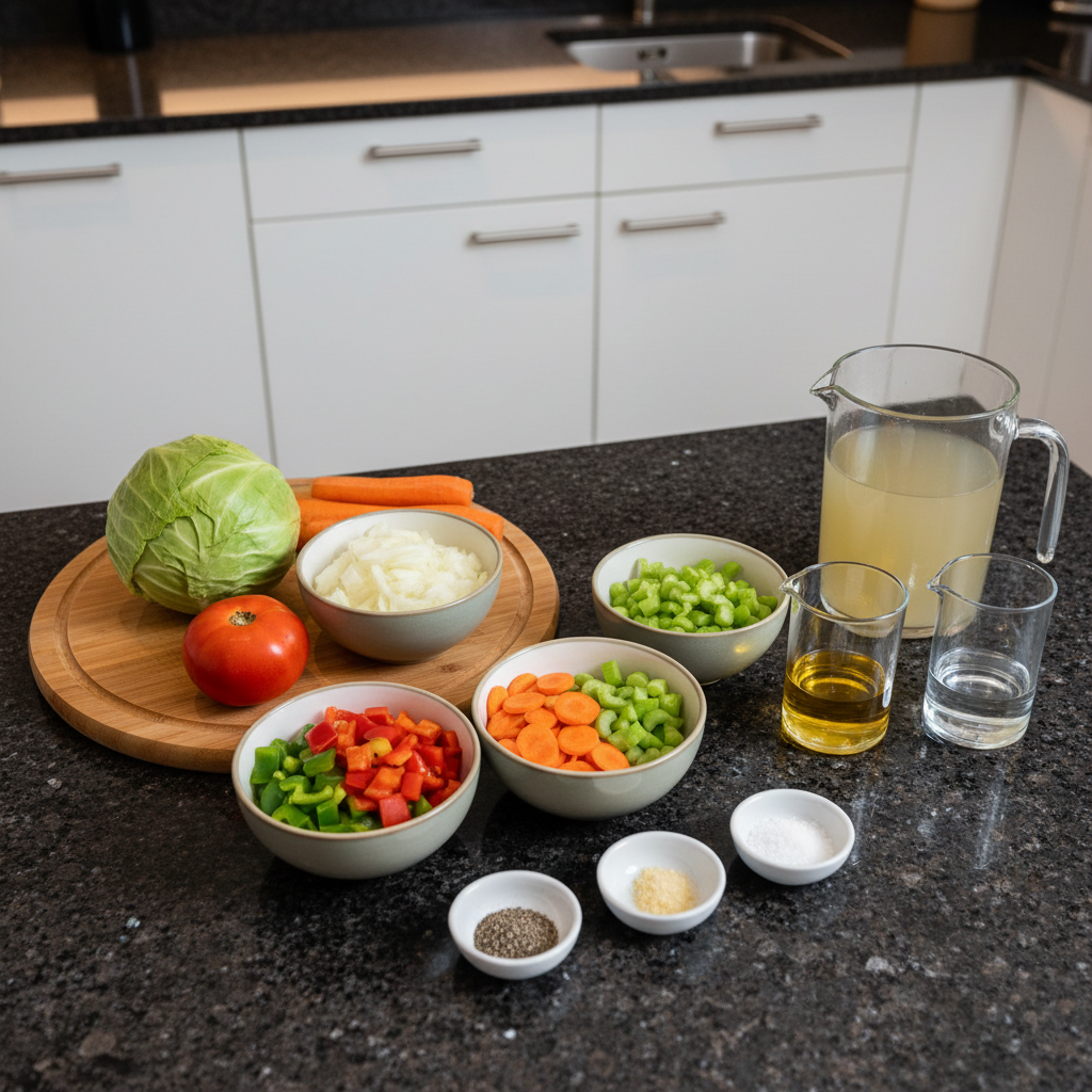 Fresh ingredients for making healthy weight loss cabbage soup recipe.