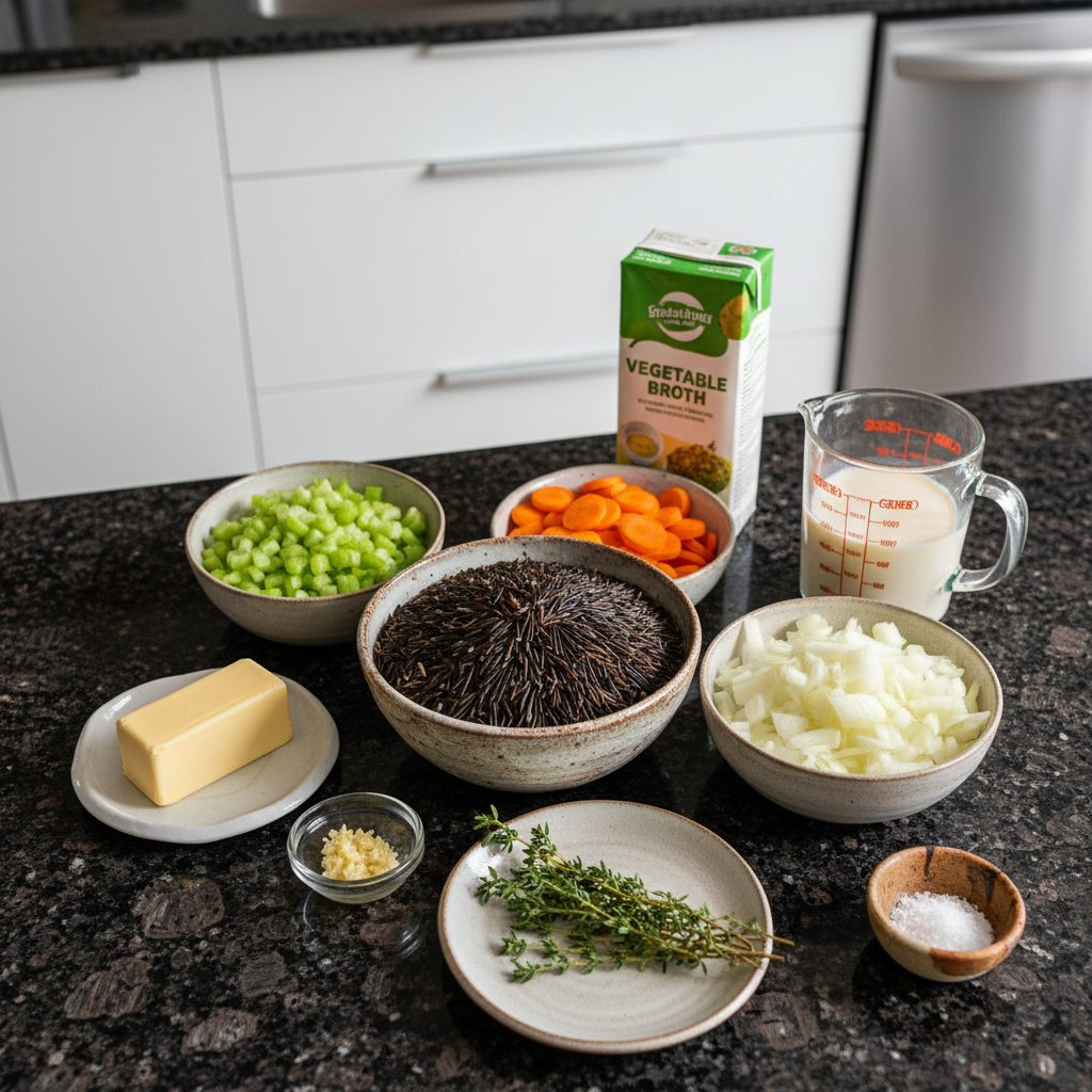 Assortment of fresh ingredients for making wild rice soup recipe.